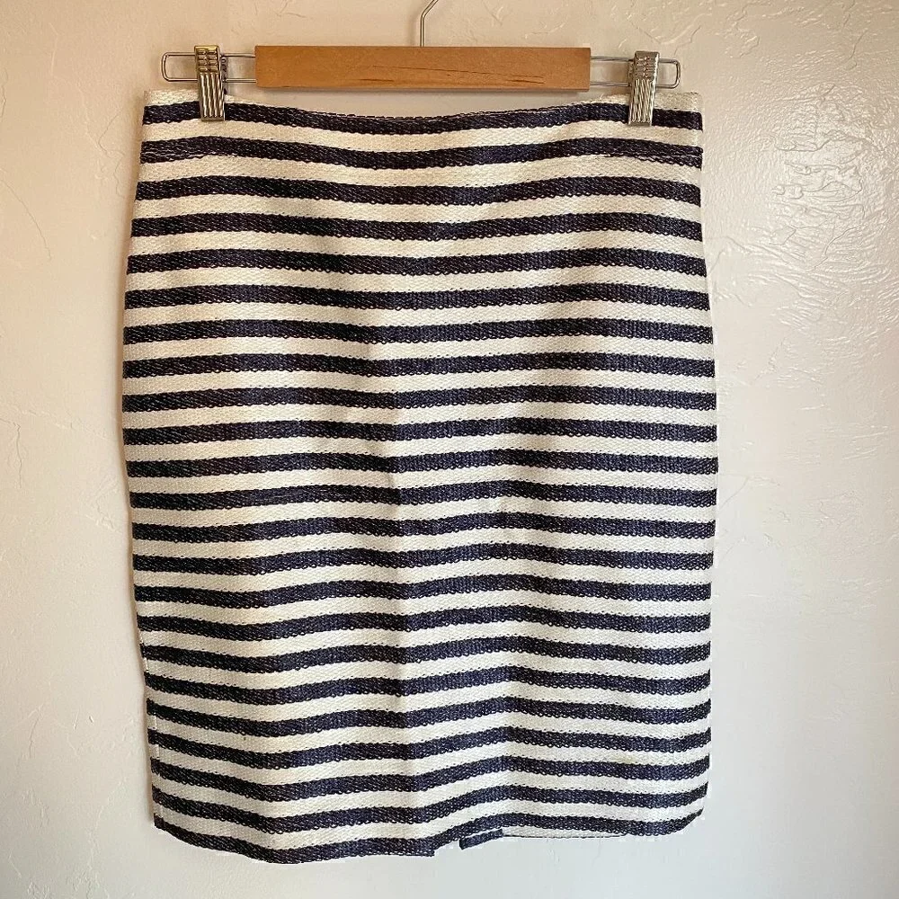 J. Crew Collection Pencil Skirt in Raffia Stripe Navy/Ivory Size 4